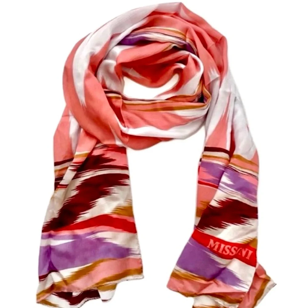 MISSONI Pink Red Multi Shades Printed 100% Silk Scarf NWT